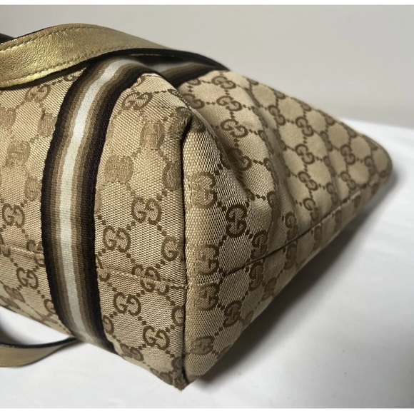GUCCI Sherry Line Auth GG Pattern Gold Beige Canvas Leather Shoulder Tote Bag - Picture 7 of 16